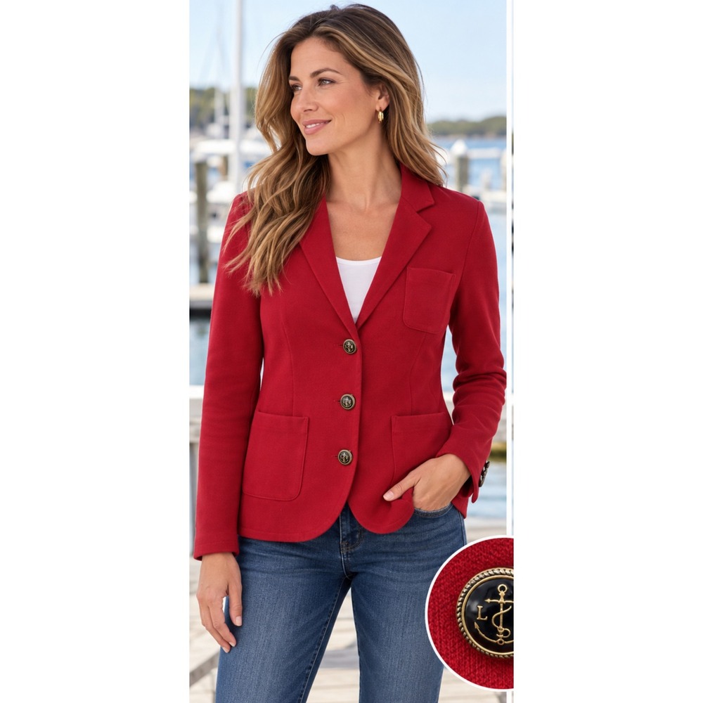 Lands' End Womens Red Cotton Knit Blazer Jacket Nautical Crest Buttons Size 12